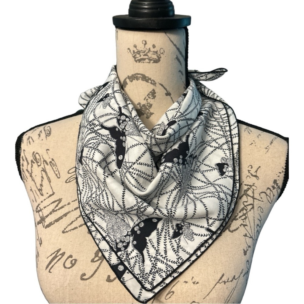 Scarf, square, black and white abstract design with butterflies. - Picture 2 of 4